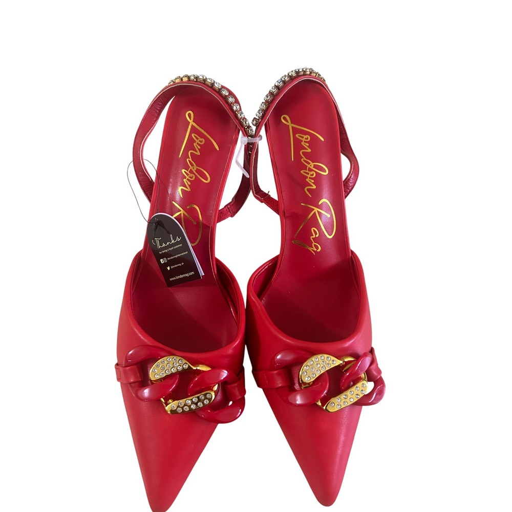London Rag Slingback Heels Women 10 Red Excellence Rhinestone Chain Pointed Toe